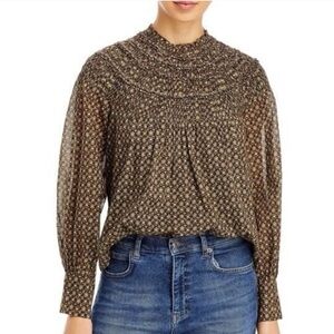 Rebecca Taylor Feather Fleur Smocked Mock Neck Ruched Floral Blouse Size 8